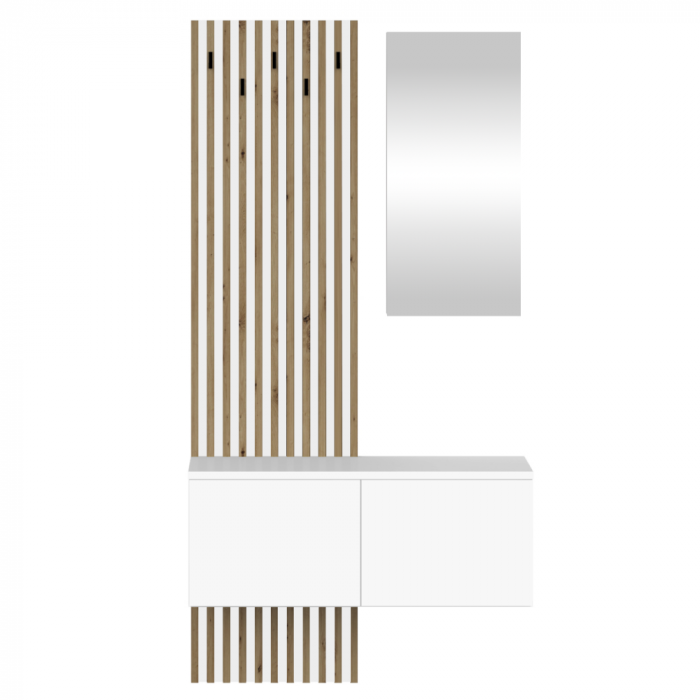 Set cuier de hol cu riflaj , 100 cm lungime x 37 cm adancime , alb/artisan,stil modern cu oglinda, riflaje [3]