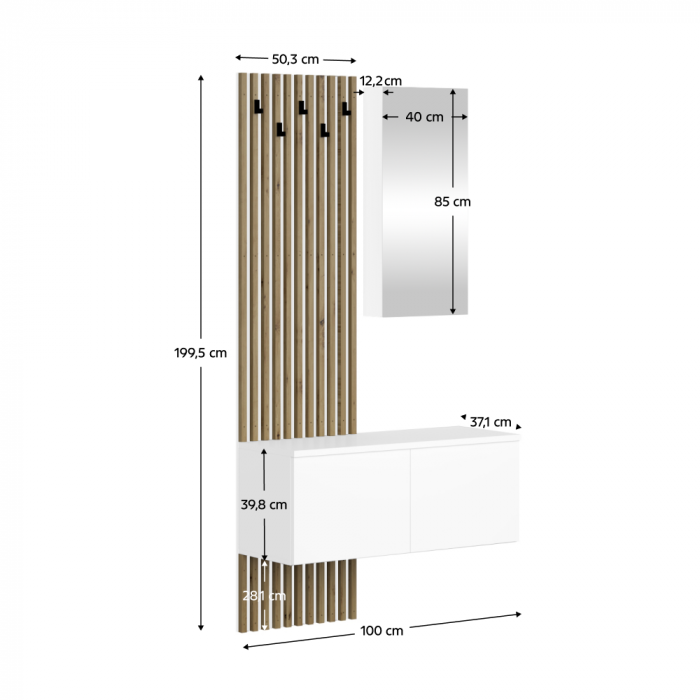 Set cuier de hol cu riflaj , 100 cm lungime x 37 cm adancime , alb/artisan,stil modern cu oglinda, riflaje [2]