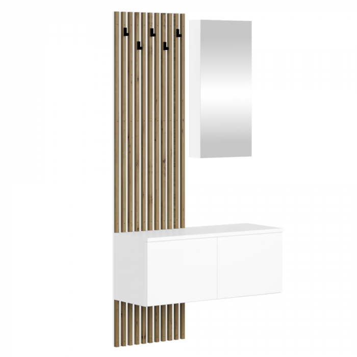 Set cuier de hol cu riflaj , 100 cm lungime x 37 cm adancime , alb/artisan,stil modern cu oglinda, riflaje [1]