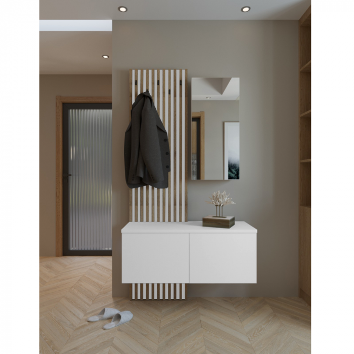 Set cuier de hol cu riflaj , 100 cm lungime x 37 cm adancime , alb/artisan,stil modern cu oglinda, riflaje [4]