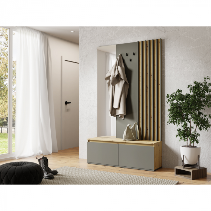 Set cuier cu pantofar pentru hol, model riflaj, cu oglinda,  grafit/stejar artisan, 120 cm lungime x 34 cm adancime x202 cm inaltime [3]