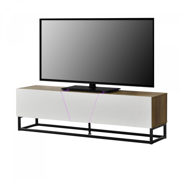 Comoda TV cu LED-15 culori , 140 x 35 x 41 cm, MDF/metal, cu 2 dulapuri, culoarea lemnului, alb lucios, negru,Bortis Impex [1]