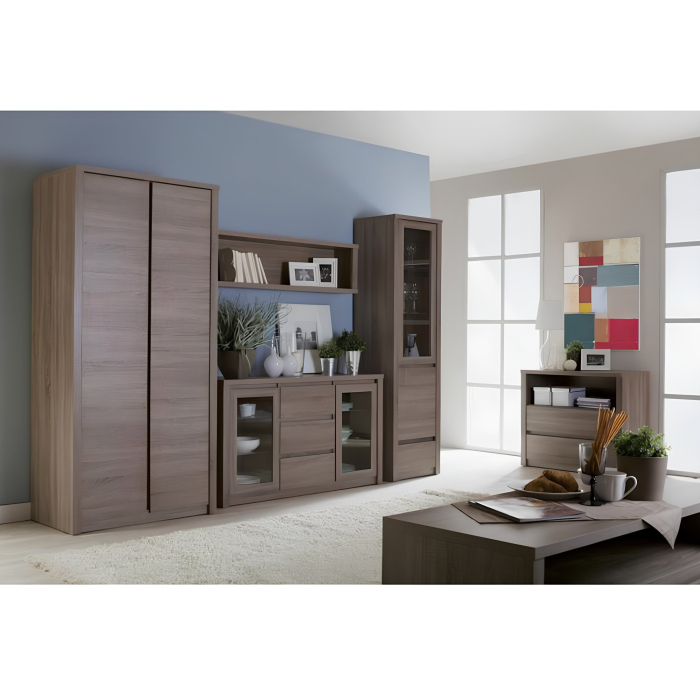 Vitrină cu un sertar şi uşi împărţite pline şi cu sticlă, stejar lefkas închis, MONTANA W1D [3]