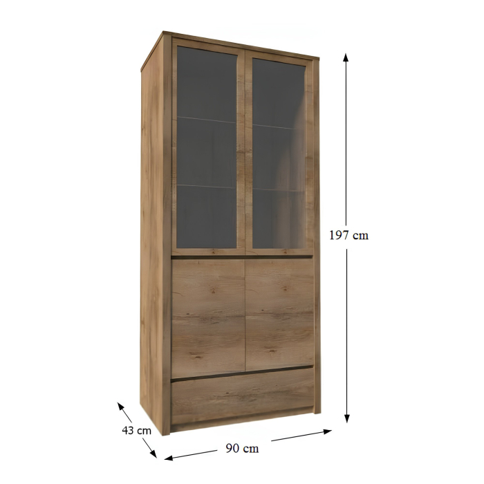 Vitrină cu un sertar şi uşi împărţite pline şi cu sticlă, stejar lefkas închis, MONTANA W2D [3]