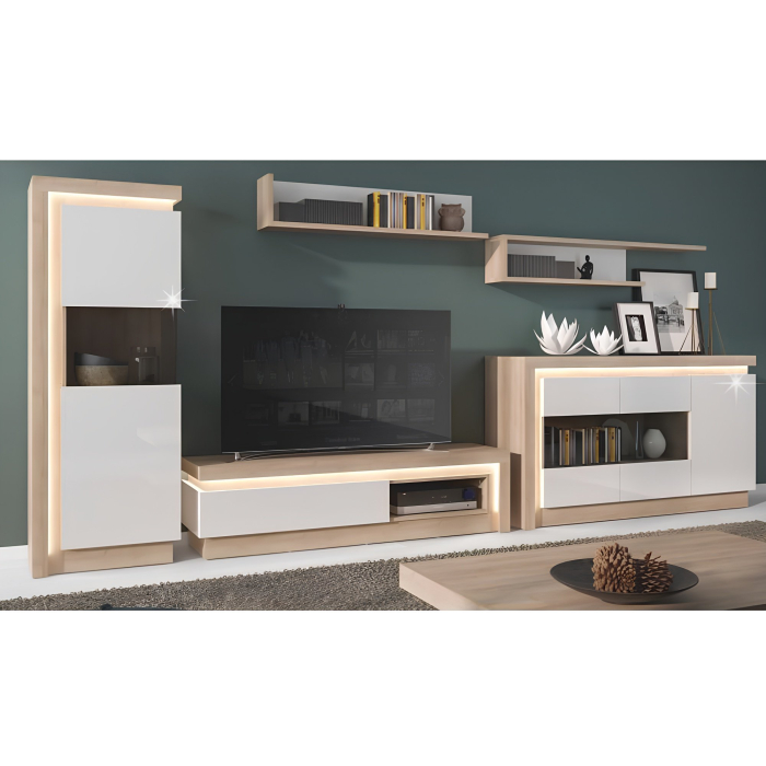 Vitrină LYOV01L, stejar riviera/alb cu luciu extra ridicat, LEONARDO [6]