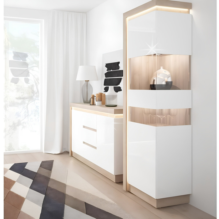 Vitrină LYOV01L, stejar riviera/alb cu luciu extra ridicat, LEONARDO [4]