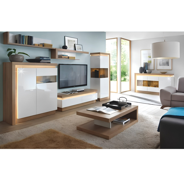 Vitrină LYOV01L, stejar riviera/alb cu luciu extra ridicat, LEONARDO [5]