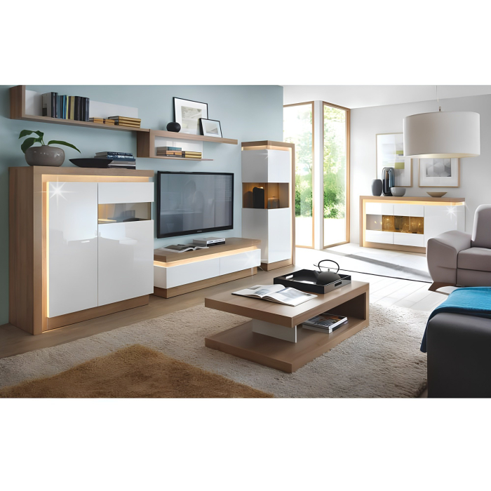 Vitrină LYOV01P, stejar riviera/alb cu luciu extra ridicat, LEONARDO [4]