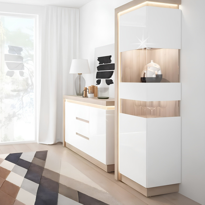 Vitrină LYOV01P, stejar riviera/alb cu luciu extra ridicat, LEONARDO [6]