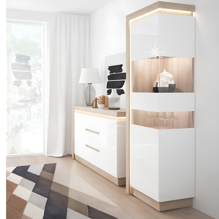 Vitrină LYOV03L, stejar riviera/alb cu luciu extra ridicat, LEONARDO [2]