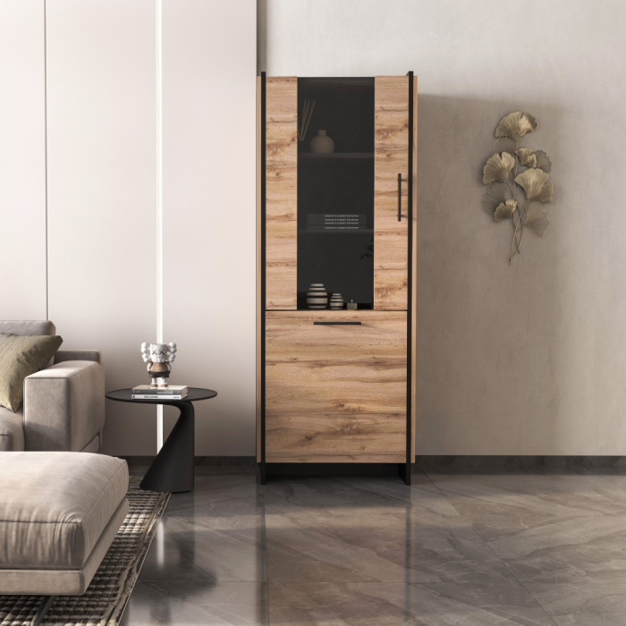 Vitrină, stejar wotan/negru, AMONI 1D1W [2]