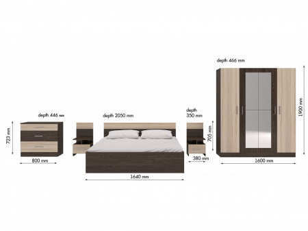Set de dormitor , pat 160x200 + 2 noptiere , comoda ,dulap 4 usi cu oglinzi , in 2 variante de culoare [1]