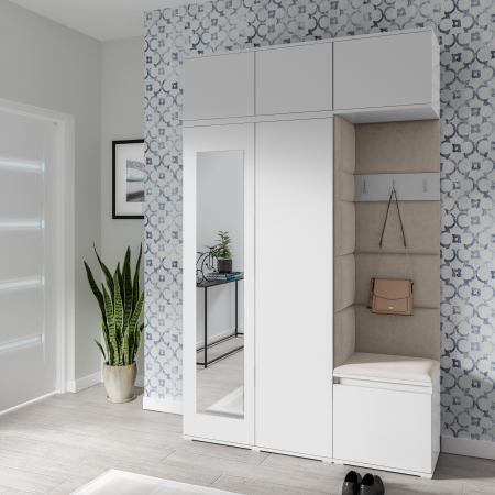Set mobilier Hol modern cu panouri tapitate - Cuier mobilier hol cu panouri tapitate , cu oglinda, 140 cm lungime x 225 cm inaltime x 40 cm adancime, pal alb/stofa textil bej light, dulapuri duble+dulapuri suprainaltate , suport umerase,
