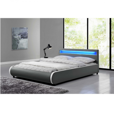 Toate Produsele - Pat tapitat cu led , piele eco gri, 180x200 cm sau 180x200 cm , cu suport saltea inclus,Bortis Impex