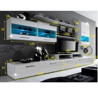 Set mobila living, 250 cm lungime ,cu led,  pal alb lucios, modern, Bortis Impex [1]