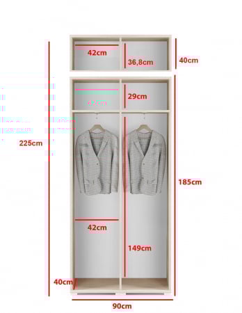 Cuier mobilier hol cu panouri tapitate , cu oglinda, 140 cm lungime x 225 cm inaltime x 40 cm adancime, pal alb/stofa textil bej light, dulapuri duble+dulapuri suprainaltate , suport umerase, [3]