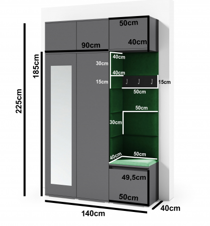 Cuier mobilier hol cu panouri tapitate , cu oglinda, 140 cm lungime x 225 cm inaltime x 40 cm adancime, pal alb/stofa textil bej light, dulapuri duble+dulapuri suprainaltate , suport umerase, [2]