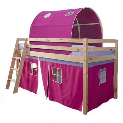 Pat pentru copil, inaltat ,cu cort si tunel roz,208x90x110 cm,lemn pin,Bortis Impex [1]