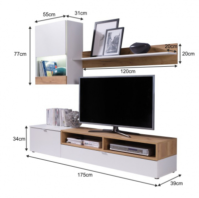 Set mobila Living/camera de zi ,design modern, alb/stejar auriu ,175 cm lungime,vitrina sticla, Bortis [2]