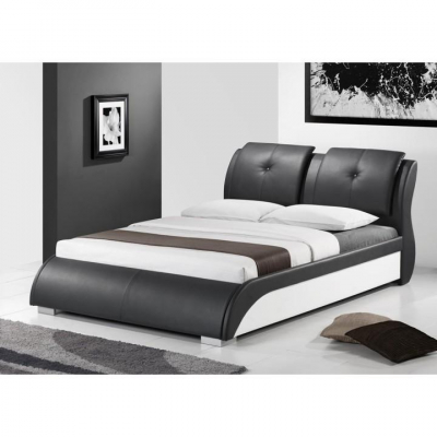 Pat dormitor tapitat,dublu ,cu tetiere, piele eco neagra/alba, suport saltea inclus,160x200,Bortis [1]