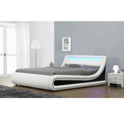 Pat tapitat cu led 180x200 cm ,piele ecologica alb/negru, cu lada si somiera inclinabila inclusa,Bortis Impex [1]
