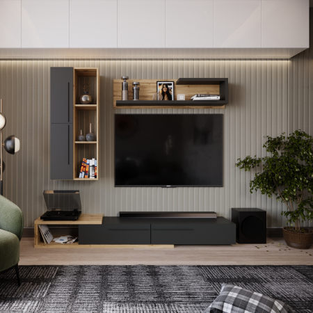 Set mobilier Living - Ansamblu living, stejar Tacho / antracit, KALVADOS
