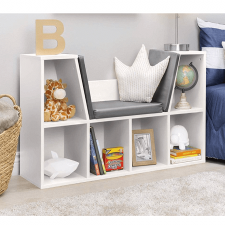 Bibliotecă pentru copii cu scaune, alb / gri, FERIA [16]