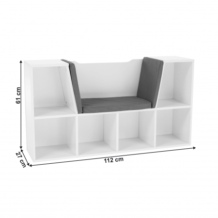 Bibliotecă pentru copii cu scaune, alb / gri, FERIA [1]