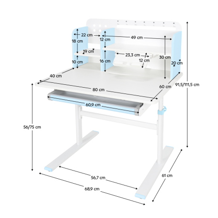 Birou crescător, albastru/alb, ADAN [29]