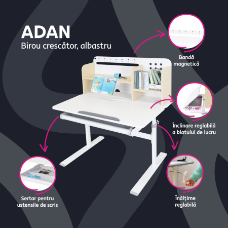 Birou crescător, natural/alb, ADAN [1]