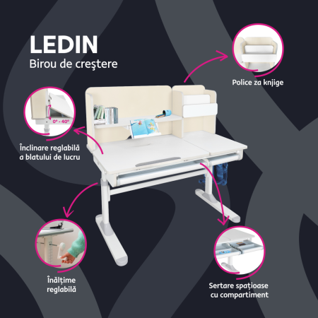 Birou crescător, natural/alb, LEDIN [1]