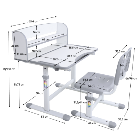 Birou şi scaun crescător, gri/alb, set ZION [31]