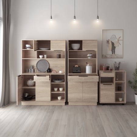 Dulap/Bufet bucatarie sau pentru diferite incaperi, multifunctional, cu patru uşi si sertar, stejar sonoma, 80 cm lungime x 40 cm adancime x177,1 cm inaltime , spatii depozitare, practic si modern [11]