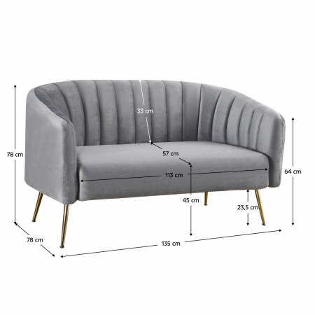 Canapea de design cu 2 locuri, ţesătură Velvet gri/gold crom-auriu, BAGY [4]