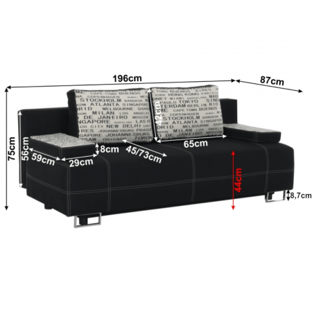 Canapea moderna cu lada depozitare,textil negru/perne cu model ,196 cm lungime [1]