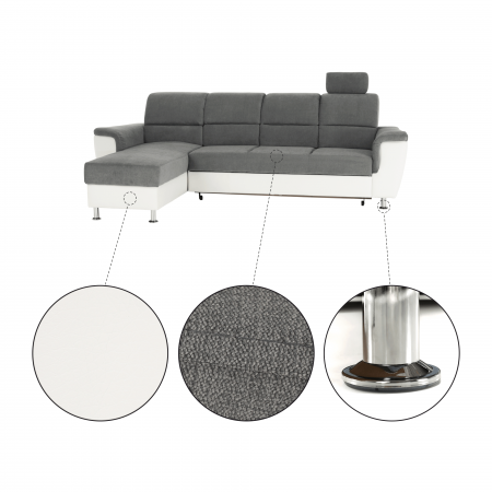 Colţar mic, piele ecologică alb/material textil gri, model stânga, SANTIAGO [2]