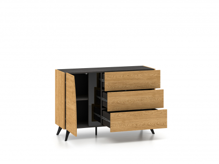 Comoda 120 cm lungime, design exclusivist, sistem push open , stejar portland/stejar cafea inchis/sticla neagra, picioare negre, 40 cm [6]