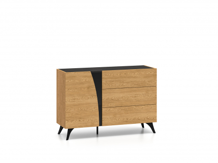 Comode lux-ultramoderne - Comoda 120 cm lungime, design exclusivist, sistem push open , stejar portland/stejar cafea inchis/sticla neagra, picioare negre, 40 cm