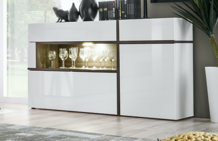 Comode lux-ultramoderne - Comoda 150cm lungime x 90x 40 cm , 2 sertare/2 usi,  alb lucios/alb/stejar inchis , deschidere sertar si usi push open/prin apasare, led , pentru living, dormitor,birou, Bortis