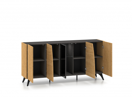 Comoda 170 cm lungime, design exclusivist, sistem push open , stejar portland/stejar cafea inchis/sticla neagra, picioare negre, 40 cm adancime [3]