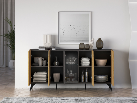 Comoda 170 cm lungime, design exclusivist, sistem push open , stejar portland/stejar cafea inchis/sticla neagra, picioare negre, 40 cm adancime [4]