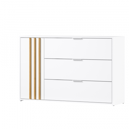 Comode - Comodă cu 1 usa si 3 sertare mari , alb/stejar artisan,125 cm lungime, moderna , model cu riflaj pe usa