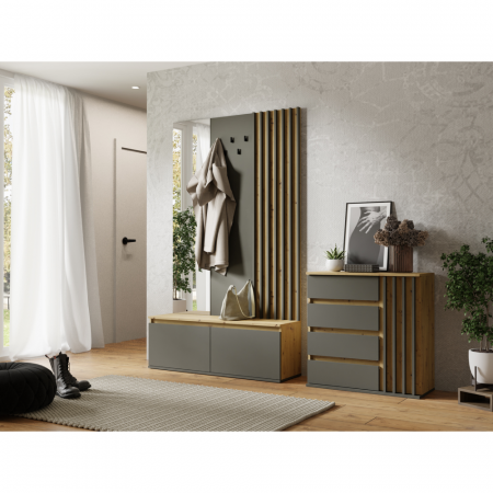 Comodă cu 1 usa si 4 sertare, model riflaj, 80x34x79,7 cm, grafit/stejar artisan [2]
