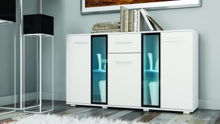 Comode - Comoda alb,  moderna pentru living/hol/birou/ cu usi, sertar si vitrine negre, 140 cm lungime/80 cm inaltime/40 cm adancime ,  sticla transparenta,fara lumini led