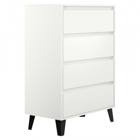 Comode - Comodă 4 sertare , 70 cm lungime x38,8 cm adancime x 99,4 cm, pal alb/picioare negre ,canturi abs, fara manere