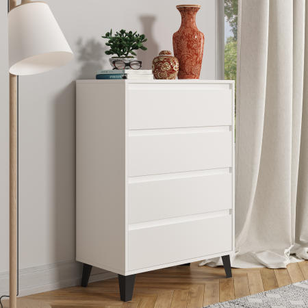 Comodă 4 sertare , 70 cm lungime x38,8 cm adancime x 99,4 cm, pal alb/picioare negre ,canturi abs, fara manere [5]