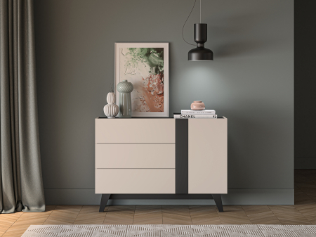 Comode lux-ultramoderne - Comoda cu 1 usa si 3 sertare , pal casmir/negru, pe picioare, 120cm lungime x 40cm adancime x 85 cm inaltime, deschidere push open, canturi abs, inchidere usi silentioasa