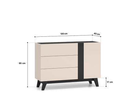 Comoda cu 1 usa si 3 sertare , pal casmir/negru, pe picioare, 120cm lungime x 40cm adancime x 85 cm inaltime, deschidere push open, canturi abs, inchidere usi silentioasa [2]