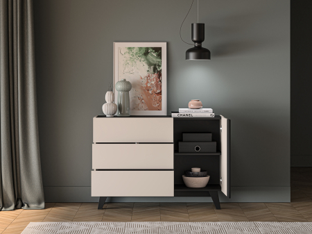 Comoda cu 1 usa si 3 sertare , pal casmir/negru, pe picioare, 120cm lungime x 40cm adancime x 85 cm inaltime, deschidere push open, canturi abs, inchidere usi silentioasa [4]