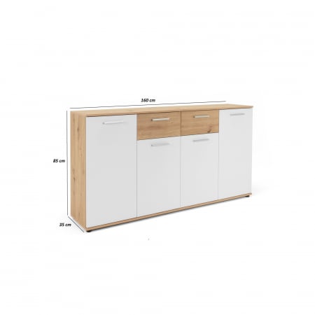 Comoda cu 2 sertare, 4 usi, 160x85x35 cm, stejar artisan/alb, pentru dormitor, living, hol sau birou, Bortis Impex [2]